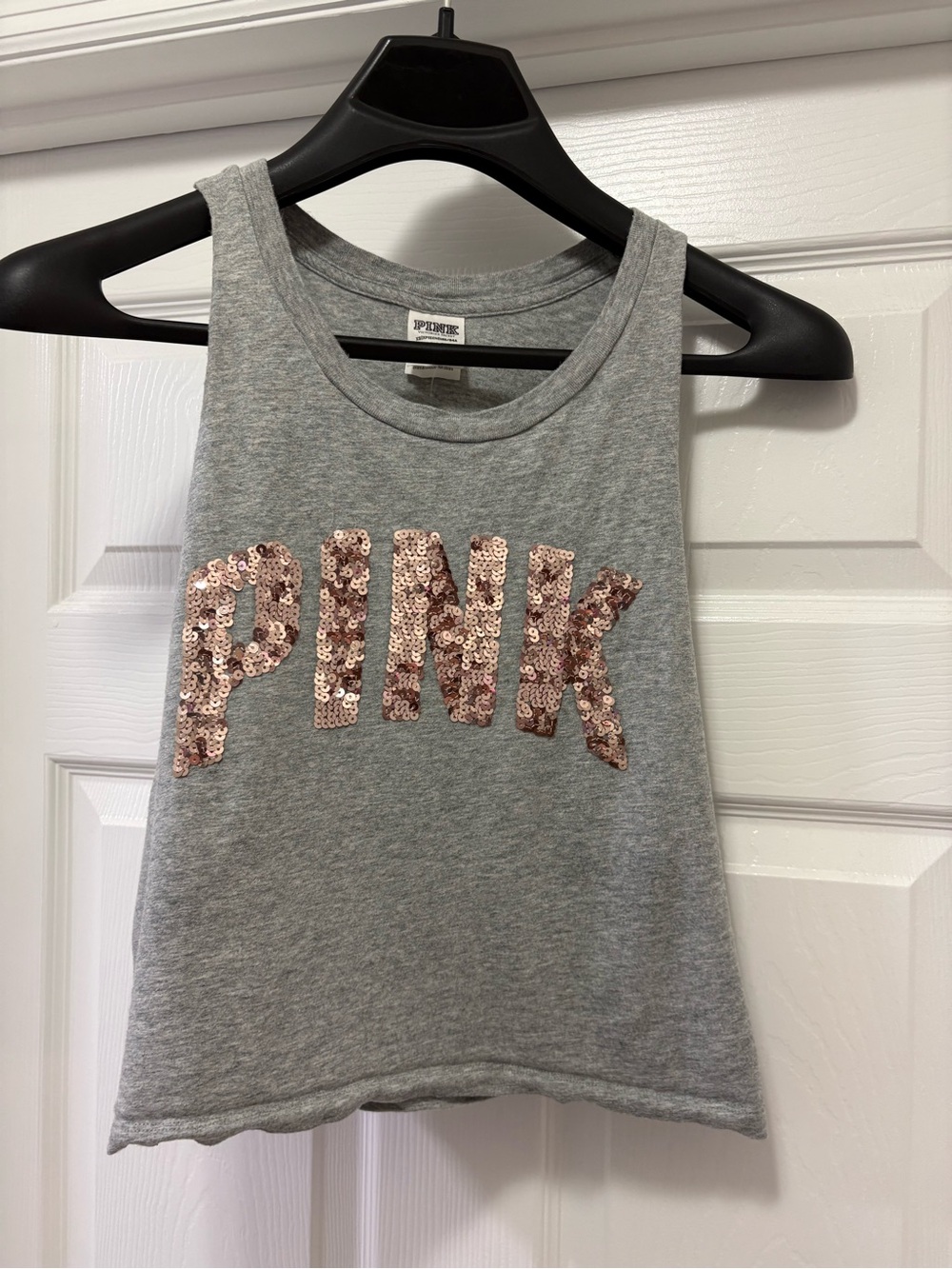 PINK Victoria's Secret Rose gold Bling Sequin Logo Gray Tank Top